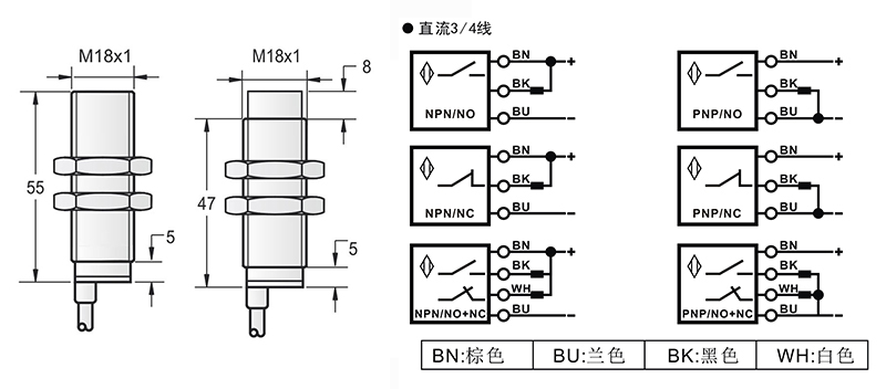 M18-55mm圓柱標(biāo)準(zhǔn)型接近開關(guān)出線式