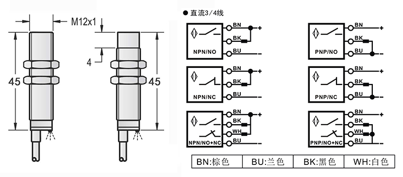 M12-45mm圓柱標準型接近開關(guān)出線式