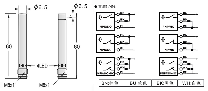 6.5-M8 60mm圓柱標準型接近開關(guān)出線式